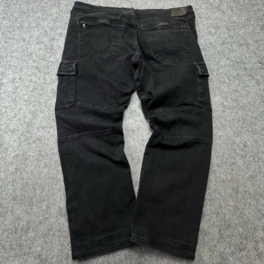 True Religion Geno Relaxed Slim Jeans Mens 42x30 Black Biker Cargo Denim Pants